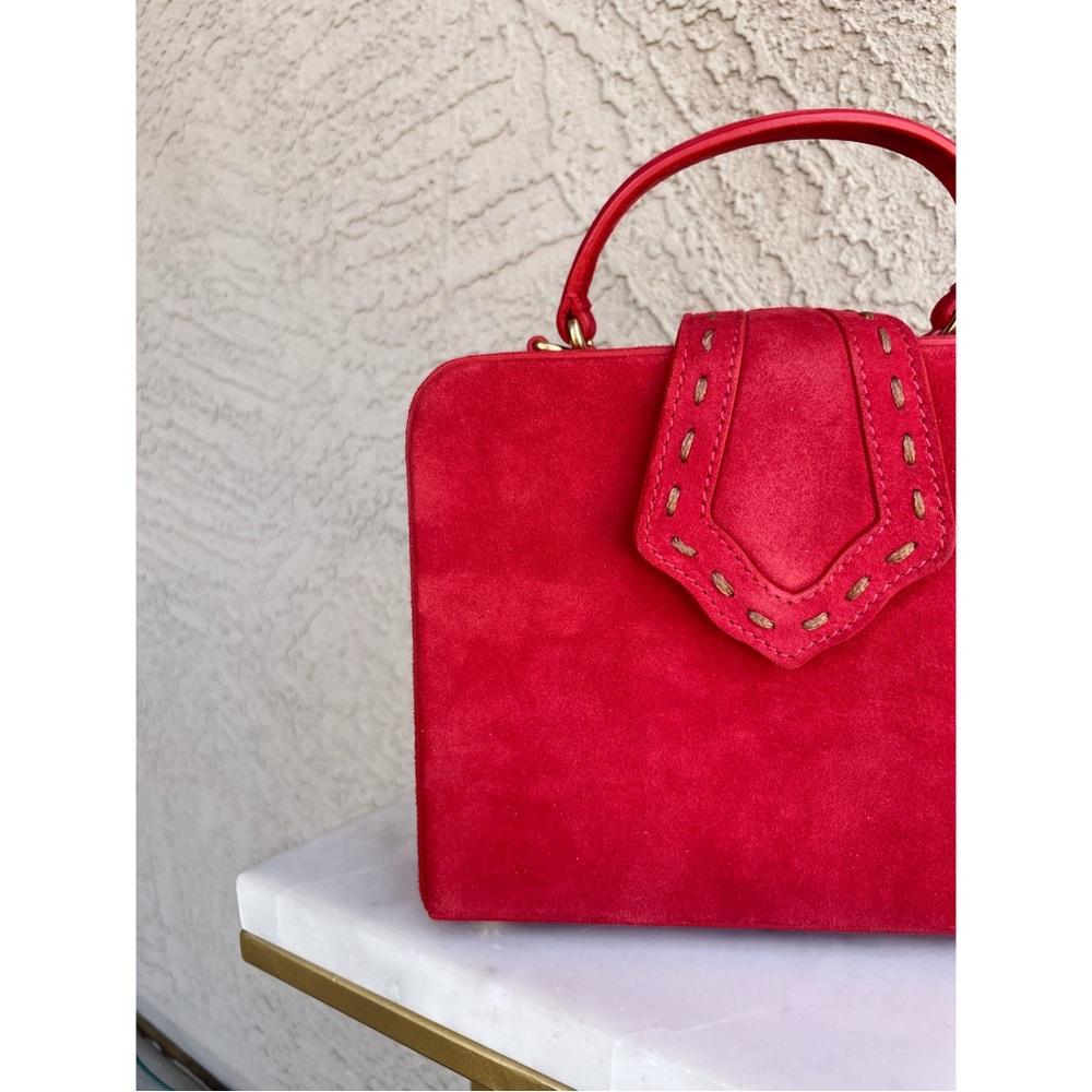 MEHRY MU Red Suede Fey Box Bag Classic Stitched Top Handle Crossbody Bag - Picture 7 of 15